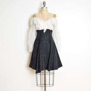 vintage 80s party dress black brocade white crochet lace off shoulder prom XS S